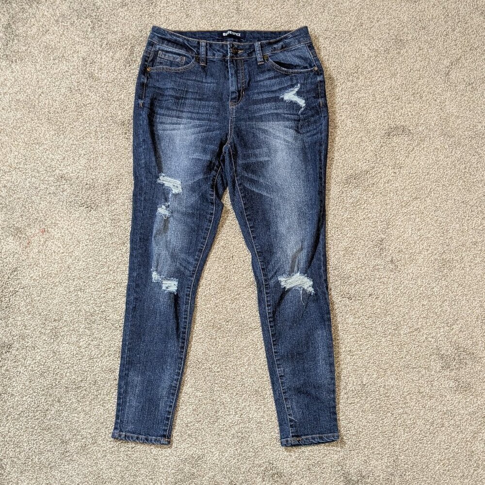 BLUE SPICE, Blue Denim Mid-Rise Distressed Stretchy Skinny Jeans; Size 7